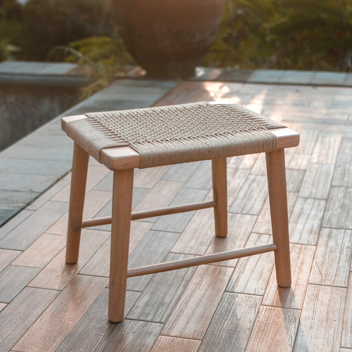 Large Wooden Stool SUNDA made of Trembesi with a Seating Surface from Woven Recycled Paper - CozyVibe.eu
